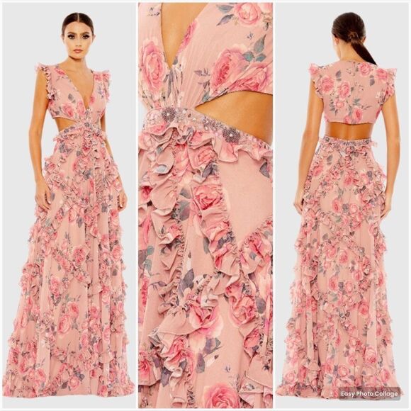 NWT Mac Duggal 9152 Ruffle Cut Out Floral Gown Dress - Picture 1 of 14